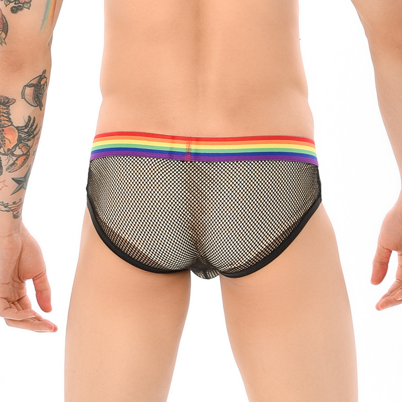 Seksikad meeste püksid hingavad võrk Hole meeste aluspesu bikiinid meeste õõnsad vikerkaare aluspüksid pesu aluspüksid