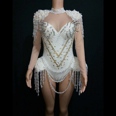 White Pearls Rivets Singer Stage Kostīmi Tassel Nightclub DJ DS Deju Bodysuits Sieviešu svinību notikuma uzstāšanās tērpi