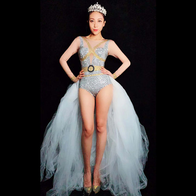 Crystals Singer Bodysuit za žene rastezljivi kombinezon sa kamenčićima s mrežastim kostimima za zabavu i pozornicu Odjeća za nastupe plesačica