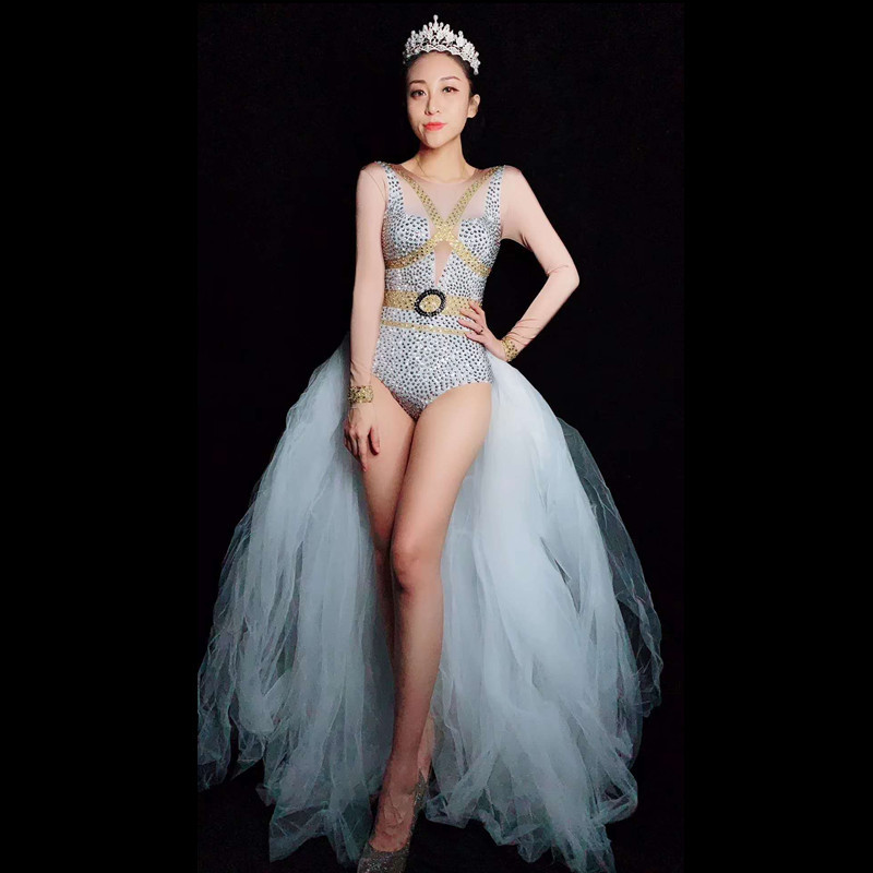 Crystals Singer Bodysuit za žene rastezljivi kombinezon sa kamenčićima s mrežastim kostimima za zabavu i pozornicu Odjeća za nastupe plesačica