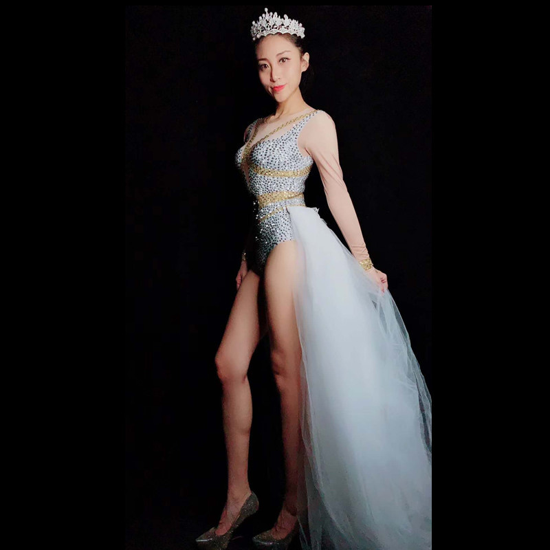 Crystals Singer Bodysuit za žene rastezljivi kombinezon sa kamenčićima s mrežastim kostimima za zabavu i pozornicu Odjeća za nastupe plesačica