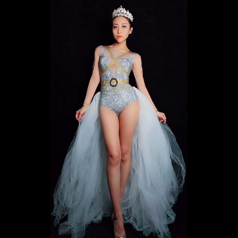 Crystals Singer Bodysuit za žene rastezljivi kombinezon sa kamenčićima s mrežastim kostimima za zabavu i pozornicu Odjeća za nastupe plesačica