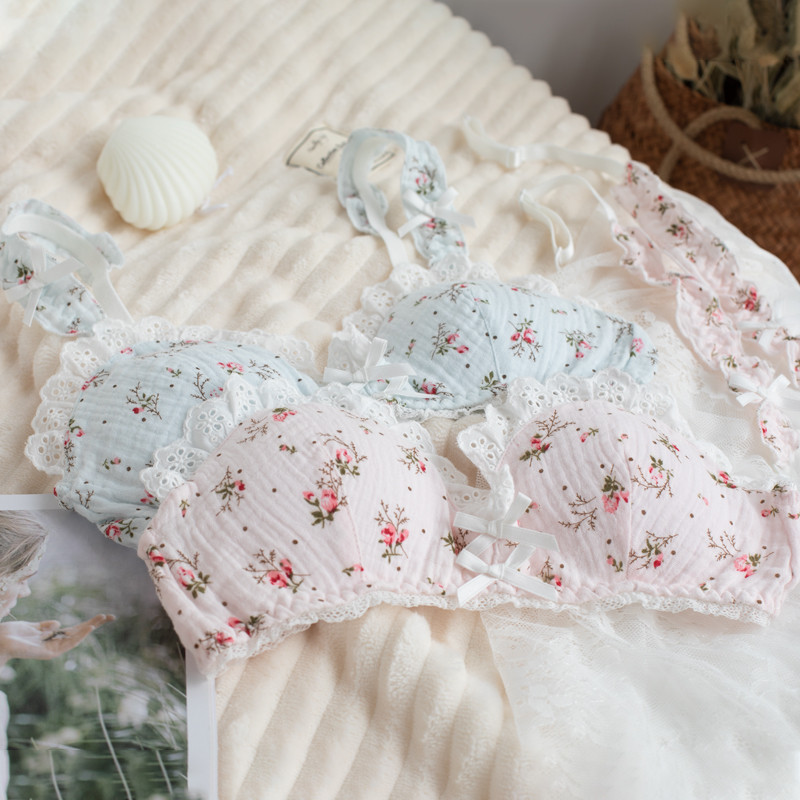Set sutien pentru fete drăguț melodie cu volanat triunghi cupe lenjerie plus mărime ultra-subțire imprimare buline mătase dud sutia