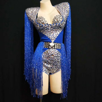 Σέξι κρυστάλλινο μπικίνι φούντα κορμάκια Stage outfit σετ Γυναικεία νυχτερινό κέντρο στρας Κρόσσια Playsuits Showgirl Dancer Clothes