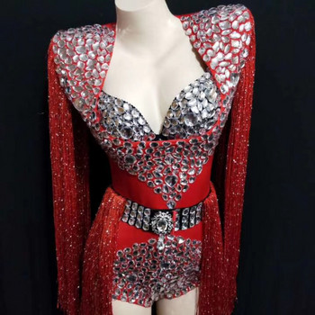 Σέξι κρυστάλλινο μπικίνι φούντα κορμάκια Stage outfit σετ Γυναικεία νυχτερινό κέντρο στρας Κρόσσια Playsuits Showgirl Dancer Clothes