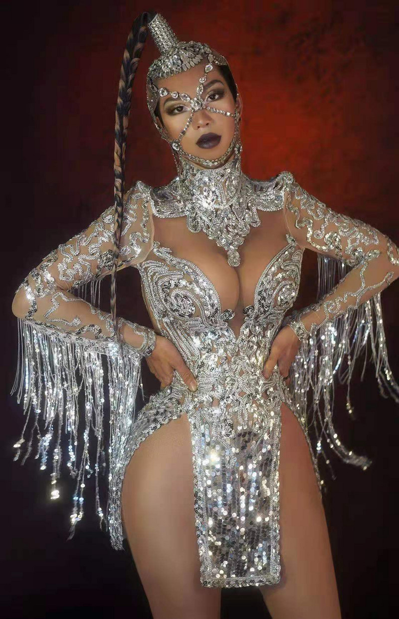 Sjajna srebrna haljina s resicama s resicama Ženska noćna haljina za noćni klub Deep V Perspective Haljina s resama s visokim prorezom Haljina za latinske plesove