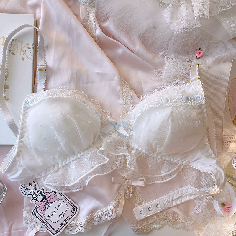 Εσώρουχα νεράιδα που φοράει κορδέλα βολάν λεπτή δαντέλα bralette χωρίς ατσάλινο δαχτυλίδι λευκό εσώρουχο πριγκίπισσας τριγωνικό εσώρουχο σουτιέν