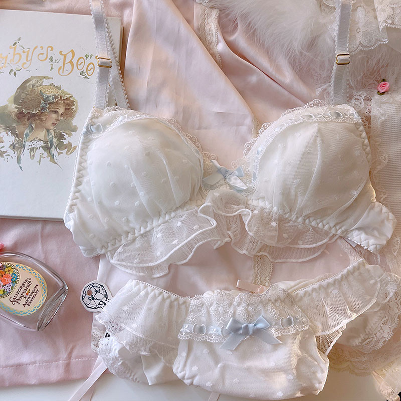 Εσώρουχα νεράιδα που φοράει κορδέλα βολάν λεπτή δαντέλα bralette χωρίς ατσάλινο δαχτυλίδι λευκό εσώρουχο πριγκίπισσας τριγωνικό εσώρουχο σουτιέν