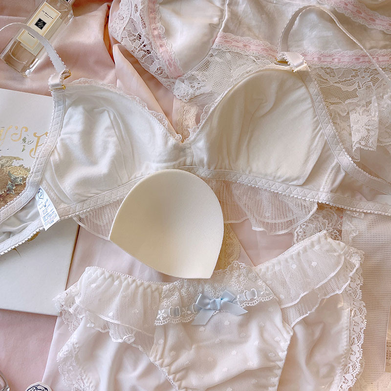 Εσώρουχα νεράιδα που φοράει κορδέλα βολάν λεπτή δαντέλα bralette χωρίς ατσάλινο δαχτυλίδι λευκό εσώρουχο πριγκίπισσας τριγωνικό εσώρουχο σουτιέν