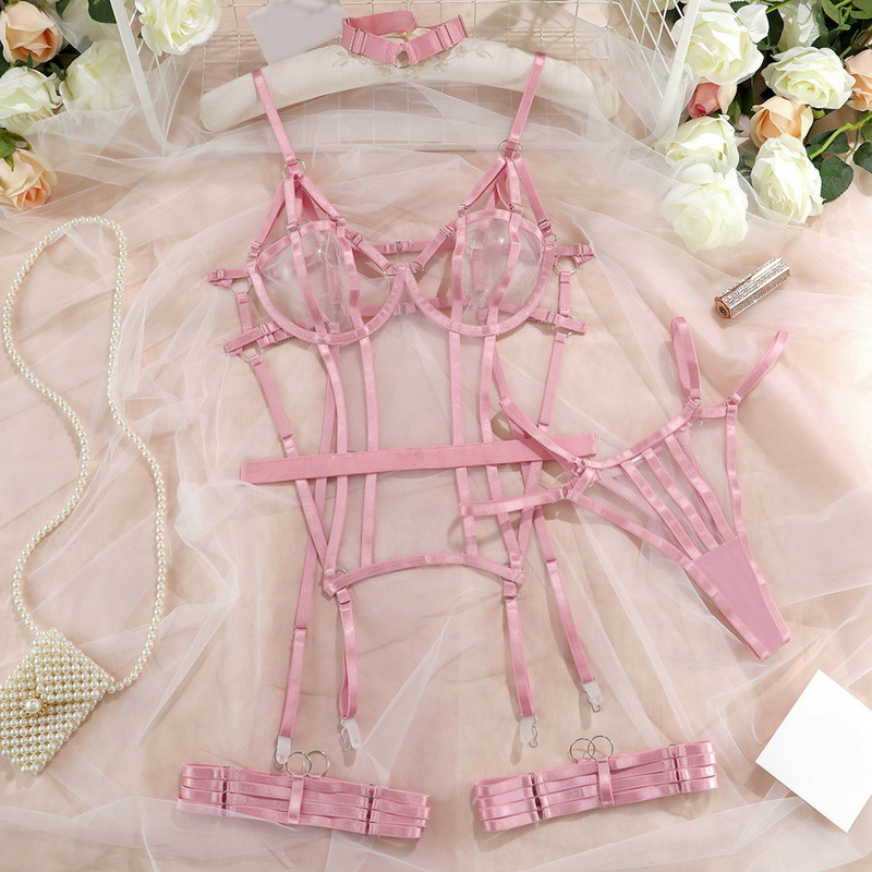 Pesukomplekt Naiste Rihmaga Risti Push Up Rihmaga Rinnahoidja Body, Läbipaistev Roosa Läbipaistev võrk Sukapaelad Erootilised Kostüümid Intiimsed