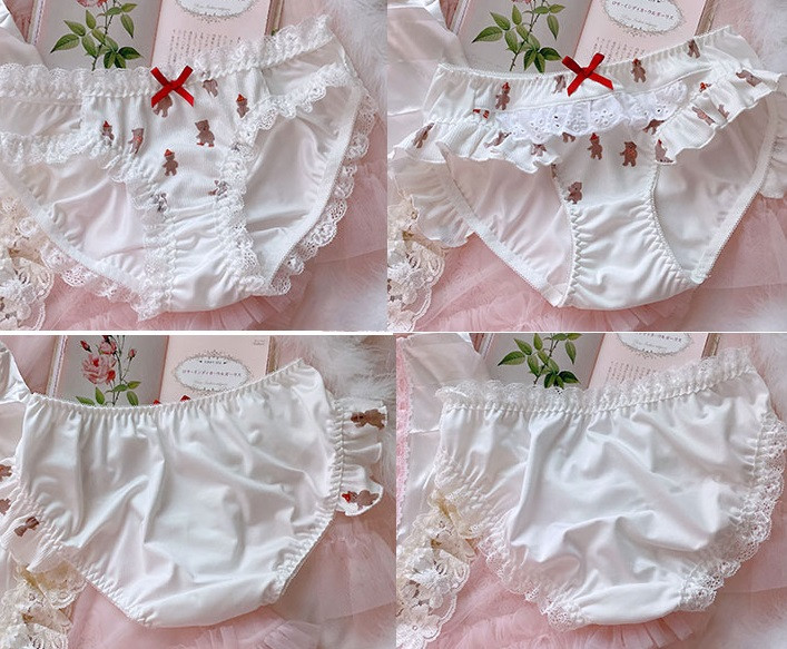 Set de sutien cu volane din bumbac cu imprimeu de ursuleț de pluș pentru femei, lenjerie sexy pentru femei, cu costum de chiloți, bralet confortabil fără sârmă