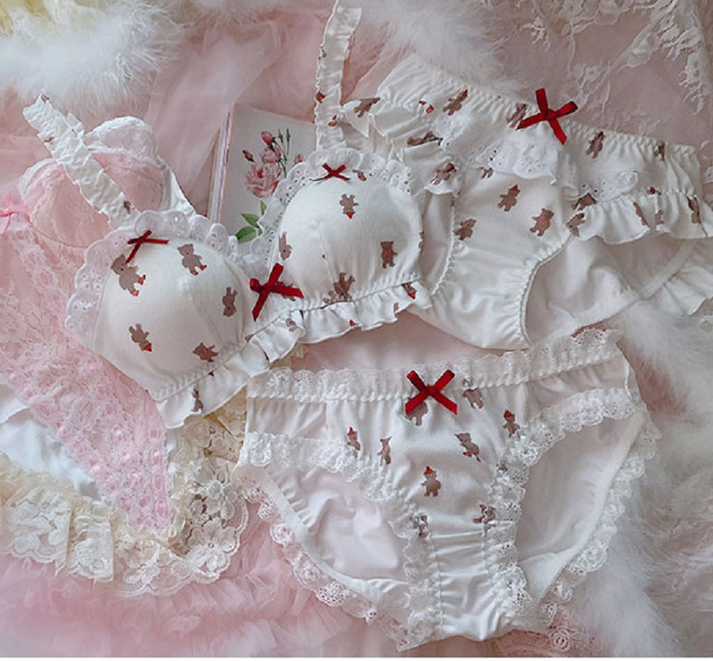 Set de sutien cu volane din bumbac cu imprimeu de ursuleț de pluș pentru femei, lenjerie sexy pentru femei, cu costum de chiloți, bralet confortabil fără sârmă