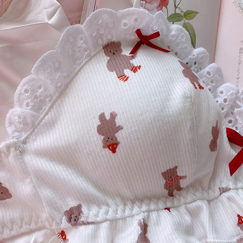 Set de sutien cu volane din bumbac cu imprimeu de ursuleț de pluș pentru femei, lenjerie sexy pentru femei, cu costum de chiloți, bralet confortabil fără sârmă