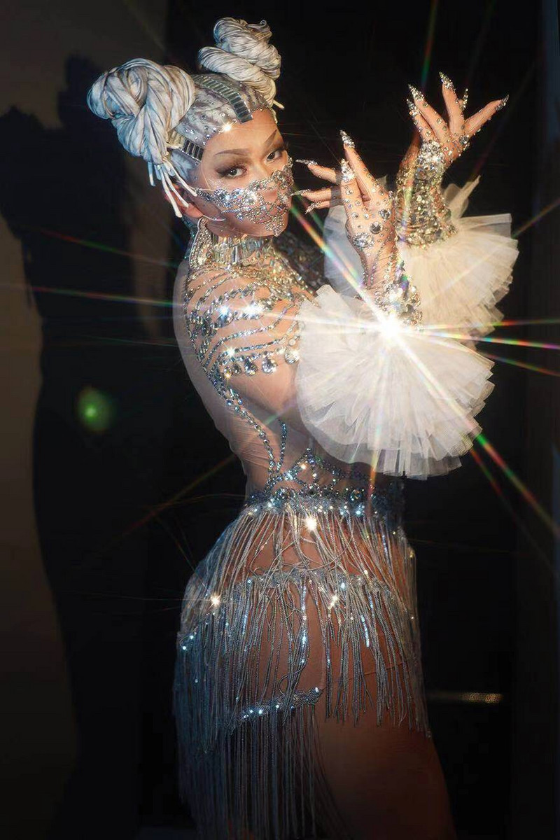 Καλοκαιρινό σέξι γκλίτερ κρύσταλλο κορμάκι φορέματα Club φόρεμα διαφανές κρόσσια Μοναδικό σχέδιο Κοστούμια χορού