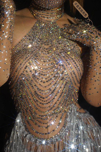 Блестяща рокля с пискюли с кристали Секси дамска еластична мрежеста рокля с перспектива от кристали, рокля за певец, сценични костюми, рокля за латино танци