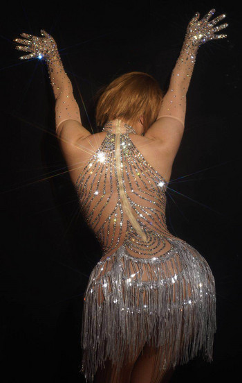 Блестяща рокля с пискюли с кристали Секси дамска еластична мрежеста рокля с перспектива от кристали, рокля за певец, сценични костюми, рокля за латино танци