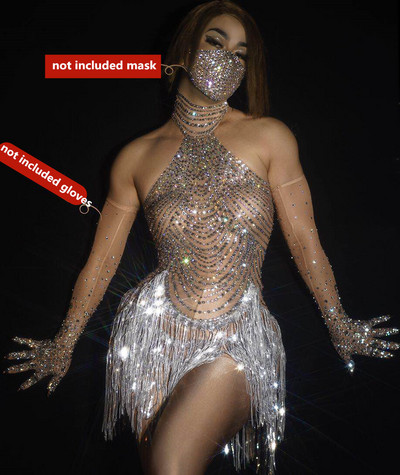 Sjajna haljina s kićankama od vještačkih dijamanata Seksi ženska haljina s elastičnom mrežastom mrežom Perspektivna kristalna haljina Pjevački scenski kostimi Haljina za latino ples