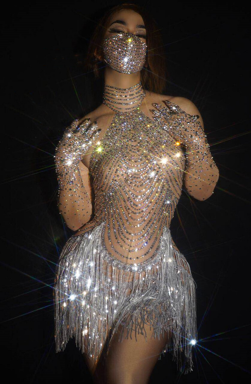 Sjajna haljina s kićankama od vještačkih dijamanata Seksi ženska haljina s elastičnom mrežastom mrežom Perspektivna kristalna haljina Pjevački scenski kostimi Haljina za latino ples