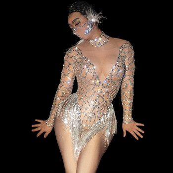 Sexy Skin Nude Mesh Rhinestone Bodysuit Women Nightclub Party Crystal Tassel Dance Leotard DJ Showgirl Stage Performance Wear
