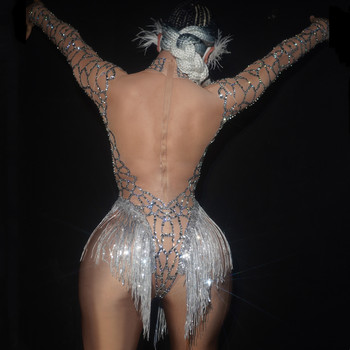 Sexy Skin Nude Mesh Rhinestone Bodysuit Women Nightclub Party Crystal Tassel Dance Leotard DJ Showgirl Stage Performance Wear