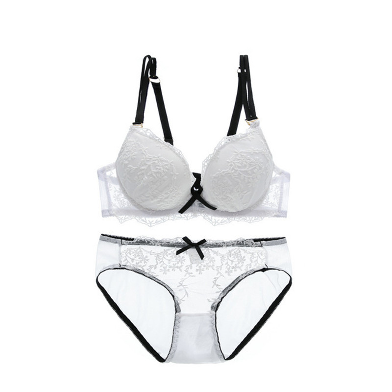 Novi Push Up grudnjak Bijeli čipkasti grudnjak i komplet gaćica podstavljen ispod žice Ženski set donjeg rublja s vezom, duboko V donje rublje i gaćice