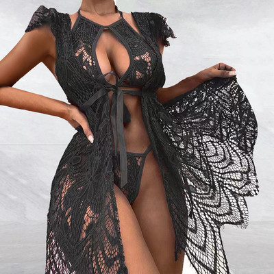 Odinio apatinio trikotažo komplektas Moterims Push Up Liemenėlės Kelnaitės Trijų dalių rinkinys Raukiniai Tinkliniai apatiniai Lenceria Erotiniai Kostiumai Lenceria