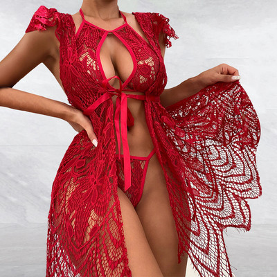 Odinio apatinio trikotažo komplektas Moterims Push Up Liemenėlės Kelnaitės Trijų dalių rinkinys Raukiniai Tinkliniai apatiniai Lenceria Erotiniai Kostiumai Lenceria