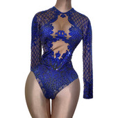 Σέξι μπλε στάμπα στρασάκι χορεύτρια γυναικεία ολόσωμη φόρμα με μακρύ μανίκι ελαστικό κρύσταλλο γυναικεία ολόσωμη φόρμα Club Showgirl Stage Leotard κοστούμι