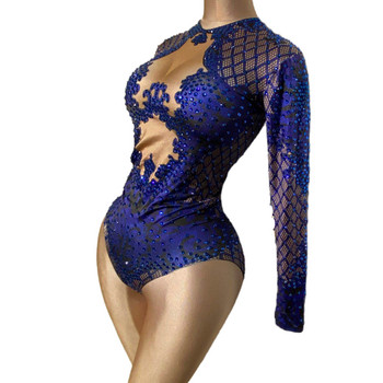 Секси синьо щампованно танцьорско боди с дълъг ръкав, еластичен кристален гащеризон, дамски клубен костюм за сценично трико за танцьорки