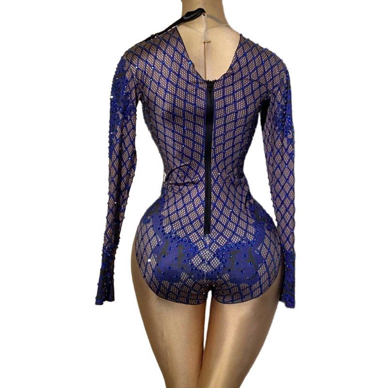 Σέξι μπλε στάμπα στρασάκι χορεύτρια γυναικεία ολόσωμη φόρμα με μακρύ μανίκι ελαστικό κρύσταλλο γυναικεία ολόσωμη φόρμα Club Showgirl Stage Leotard κοστούμι