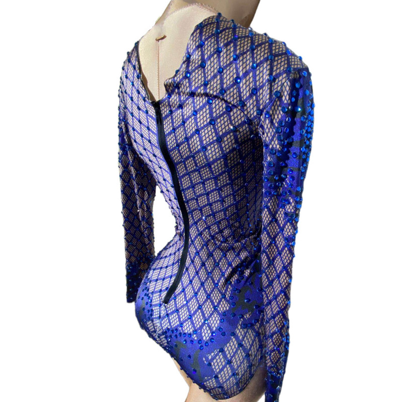 Σέξι μπλε στάμπα στρασάκι χορεύτρια γυναικεία ολόσωμη φόρμα με μακρύ μανίκι ελαστικό κρύσταλλο γυναικεία ολόσωμη φόρμα Club Showgirl Stage Leotard κοστούμι