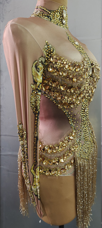 Блестящо златно трико с ресни на ресни Дамско облекло за парти за рожден ден Нощен клуб Секси танцово боди Сценично облекло за шоу