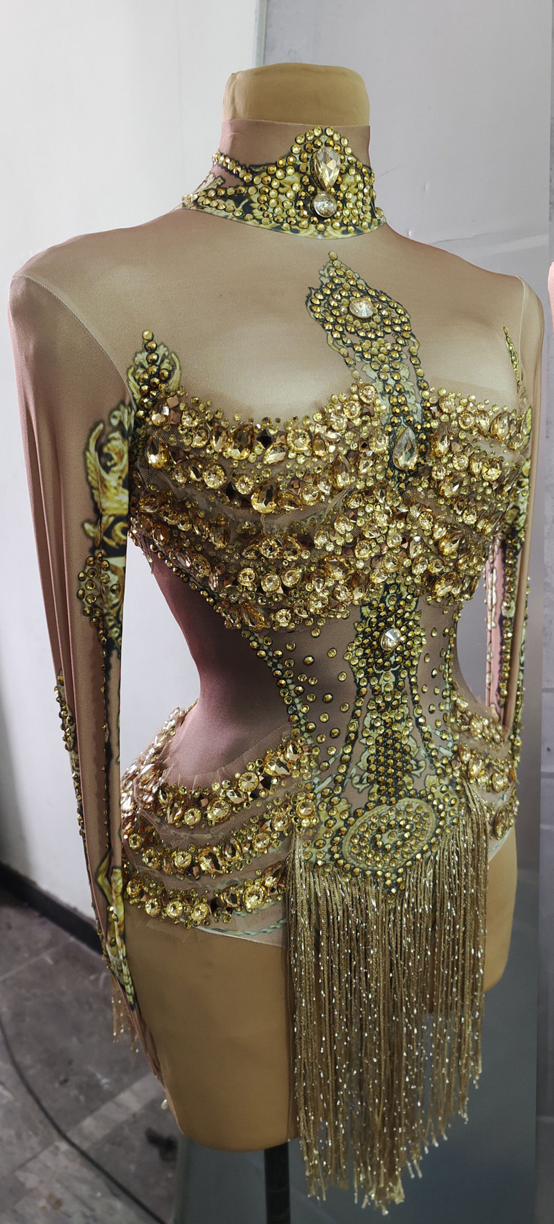 Σέξι χρυσά στρας Κρόσια Γυναικεία γενέθλια νυχτερινό κέντρο πάρτι στολή σέξι χορευτικό κορμάκι απόδοσης επίδειξης Ρούχα σκηνής