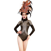 Body de dans cu strasuri cu pene la modă, cu strasuri, pentru femei, club de noapte, carnaval, tricou, ținute de scenă