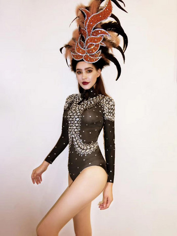 Μόδα ελαστικό κρύσταλλο κορμάκι χορού Rhinestone Feather Κεφαλή γυναικών Νυχτερινό κέντρο διασκέδασης Καρναβάλι Showgirl Leotard Stage Outfits