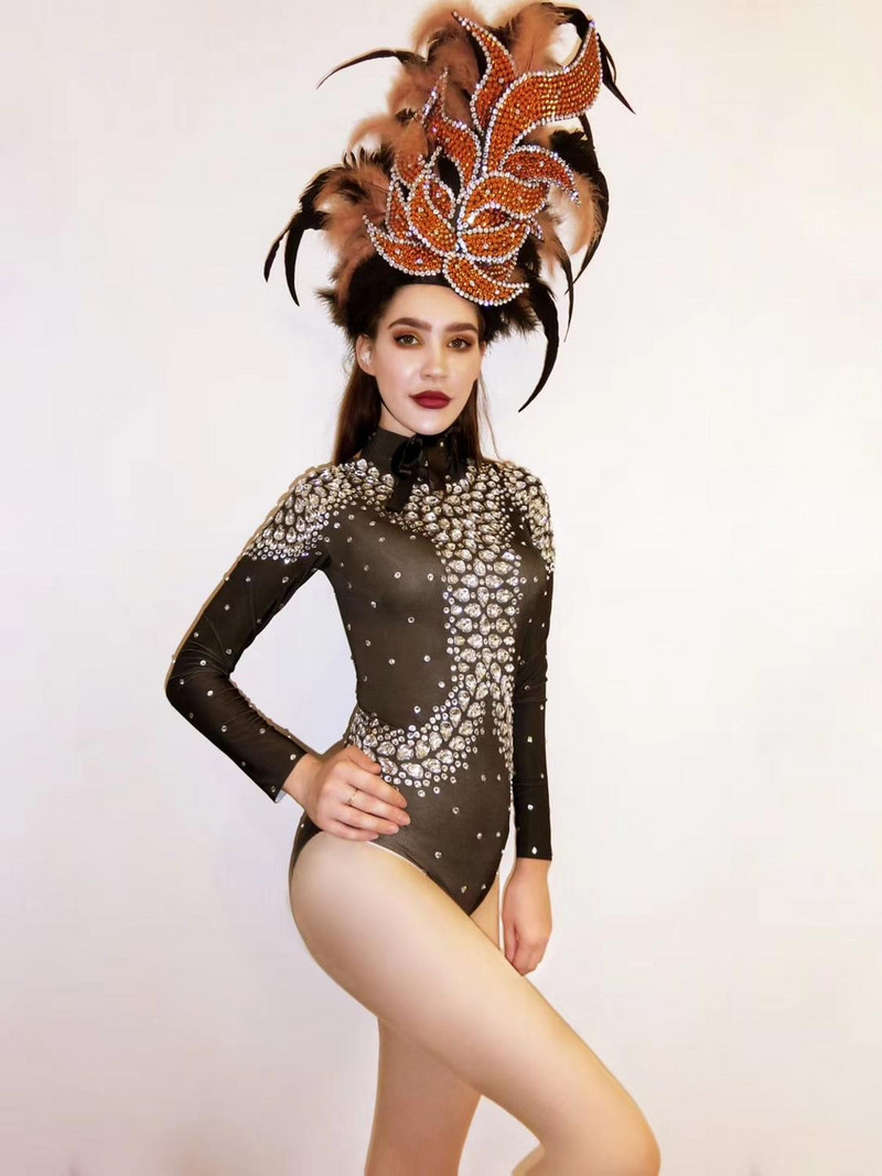 Body de dans cu strasuri cu pene la modă, cu strasuri, pentru femei, club de noapte, carnaval, tricou, ținute de scenă