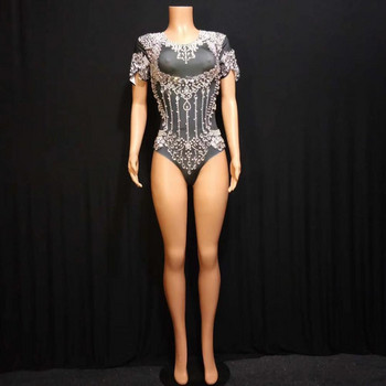 Nightclub Jazz DS Dance Stage Costumes Women Crystal Pearl Bodysuit Showgirl Pole Dance Leotard Секси еластичен гащеризон със стрази