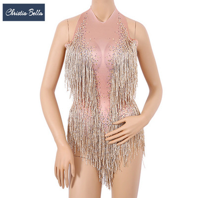 Christia Bella Bling Rhinestones Tutid Bodysuits Naiste lavakostüümid Seksikad seljataga veniv trikoo pulkatantsu esinemisrõivad