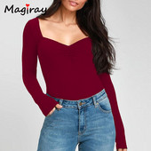 Magriay Body sexy pătrat cu decolteu în V adânc, cu mânecă lungă, pentru femei, 2021, tricot, cu fânețe, îmbrăcăminte de stradă, slim, mulat, body body top 258