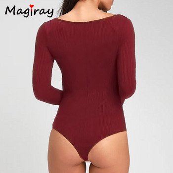 Magriay Σέξι τετράγωνο, βαθύ V λαιμόκοψη, μακρυμάνικο γυναικείο κορμάκι 2021 Knit Ruched Streetwear Jumpsuit Slim Fitted Bodycon Body Top 258