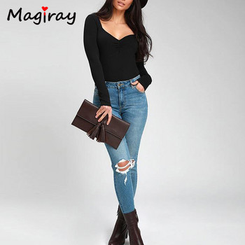 Magriay Σέξι τετράγωνο, βαθύ V λαιμόκοψη, μακρυμάνικο γυναικείο κορμάκι 2021 Knit Ruched Streetwear Jumpsuit Slim Fitted Bodycon Body Top 258