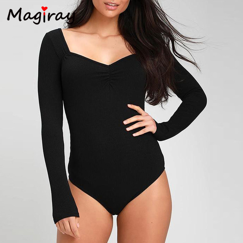 Magriay Body sexy pătrat cu decolteu în V adânc, cu mânecă lungă, pentru femei, 2021, tricot, cu fânețe, îmbrăcăminte de stradă, slim, mulat, body body top 258