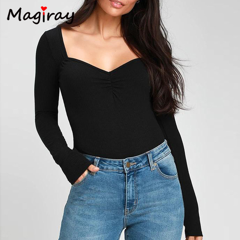 Magriay Body sexy pătrat cu decolteu în V adânc, cu mânecă lungă, pentru femei, 2021, tricot, cu fânețe, îmbrăcăminte de stradă, slim, mulat, body body top 258