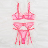 Set de lenjerie cu broderie florală pentru femei sexy, sutien push-up subțire, jartiere, costum tanga, set de 3 piese, set de lenjerie intima transparentă lencería