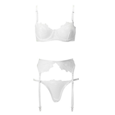 Set de lenjerie cu broderie florală pentru femei sexy, sutien push-up subțire, jartiere, costum tanga, set de 3 piese, set de lenjerie intima transparentă lencería