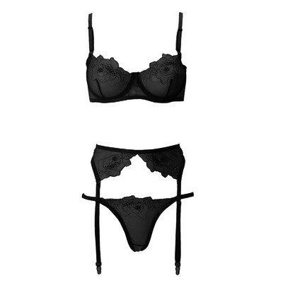 Set de lenjerie cu broderie florală pentru femei sexy, sutien push-up subțire, jartiere, costum tanga, set de 3 piese, set de lenjerie intima transparentă lencería