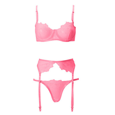 Set de lenjerie cu broderie florală pentru femei sexy, sutien push-up subțire, jartiere, costum tanga, set de 3 piese, set de lenjerie intima transparentă lencería