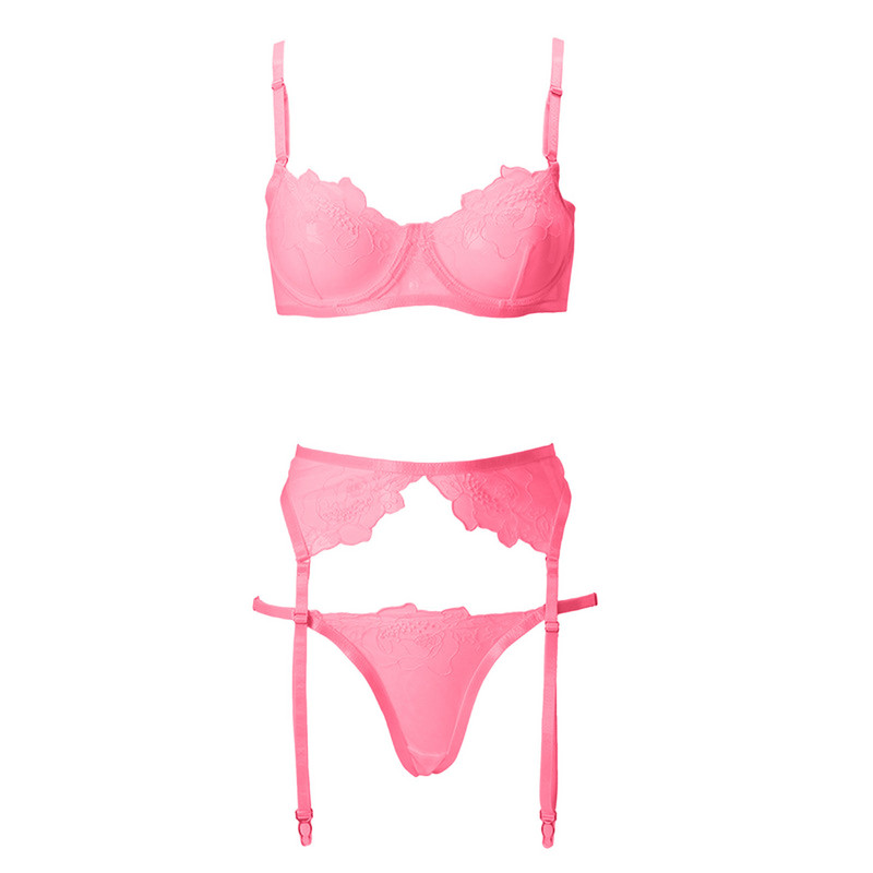 Set de lenjerie cu broderie florală pentru femei sexy, sutien push-up subțire, jartiere, costum tanga, set de 3 piese, set de lenjerie intima transparentă lencería