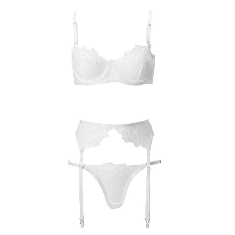 Set de lenjerie cu broderie florală pentru femei sexy, sutien push-up subțire, jartiere, costum tanga, set de 3 piese, set de lenjerie intima transparentă lencería
