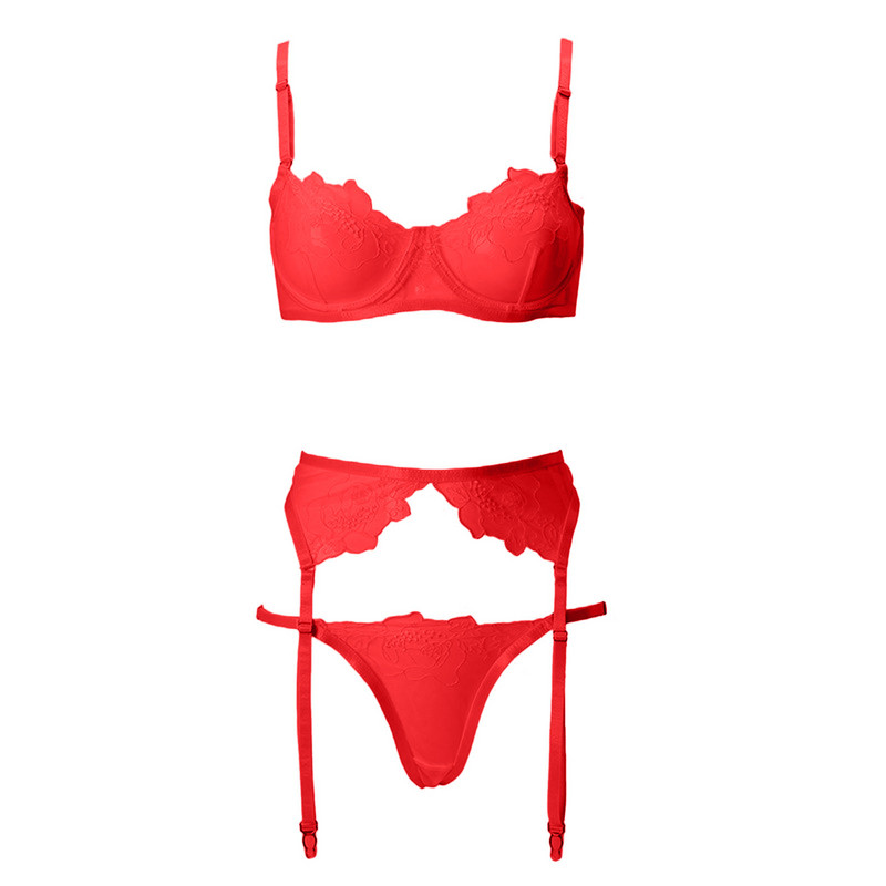 Set de lenjerie cu broderie florală pentru femei sexy, sutien push-up subțire, jartiere, costum tanga, set de 3 piese, set de lenjerie intima transparentă lencería